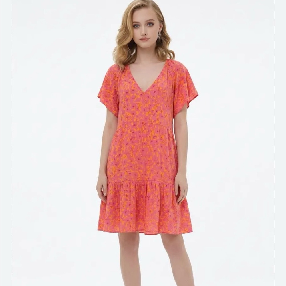 Vibrant Pink & Orange Floral Mini Summer beach Dress. Linen blend, has pockets.